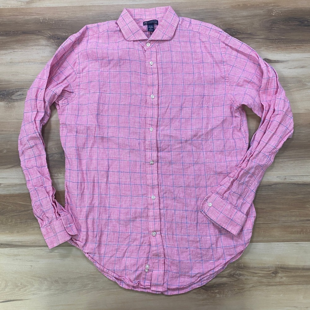 Lands End Button Down Shirt 16-35 Baird McNutt Linen Tailored Pink Windowpane